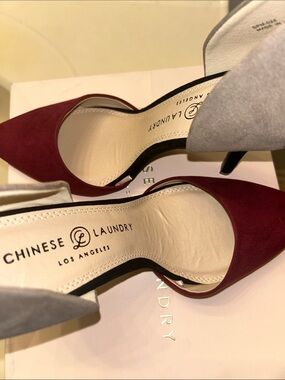 Chinese Laundry Two-Tone D'Orsay Heels in Burgundy and Gray Suede
